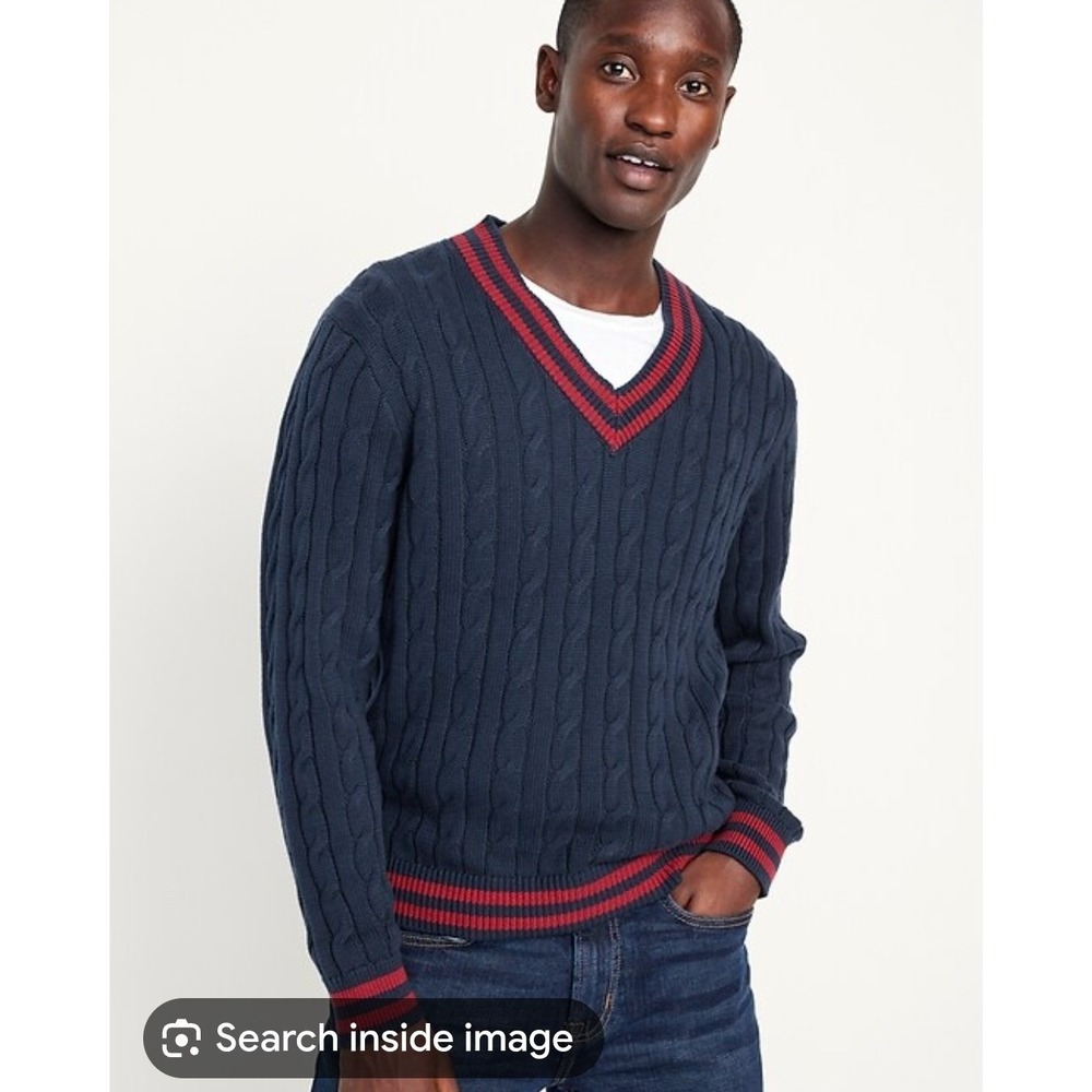 Old Navy Mens XL Tall Navy Blue Cable Knit V-Neck Sweater Red Trim Cotton Preppy